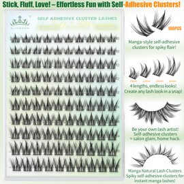 Self Adhesive Eyelashes Manga Lash Clusters 10MM-16MM No Glue Needed Eyelash Clusters Wispy Self Adhesive Lash Extensions Spiky Pre Glued Eyelash Extensions 100Pcs