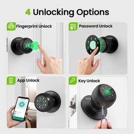 GHome Smart Fingerprint Door Lock, 4 in 1 Smart Fingerprint Door Knob with Keypad, App Control, Auto Lock, Biometric Door Knob with Lock for Bedroom, Apartment, Garage, Home & Office