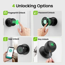 GHome Smart Fingerprint Door Lock, 4 in 1 Smart Fingerprint Door Knob with Keypad, App Control, Auto Lock, Biometric Door Knob with Lock for Bedroom, Apartment, Garage, Home & Office