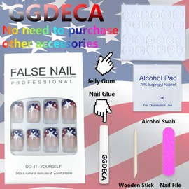 GGDECA Independence Day French Tip Fake Nails Short Press on Nails Square False Nails with Designs Five-Pointed Star Glossy Acrylic Nails Nude Glue on Nails Stick on Nails for Woman 24Pcs