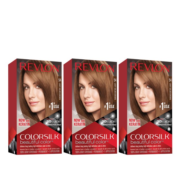 Revlon Colorsilk Beautiful Color Permanent Hair Color with 3D Gel Technology & Keratin, 100% Gray Coverage Hair Dye, 54 Light Golden Brown, 4.4 oz (Pack of 3)