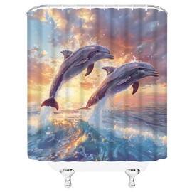 YSSFAV Jumping Dolphin Shower Curtain Cute Sea Animals Marine Life Ocean Beach Coastal Bathroom Decor Curtains Set with Hooks, 70" W x 70" H