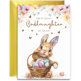 Goddaughter Easter Card - Bunny with Easter Eggs Design - A5 Size with Gold Envelope