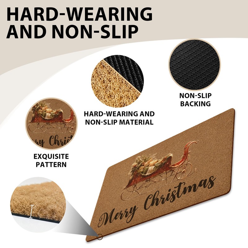 Rustic Sleigh Doormat, Merry Christmas Welcome Mat Artificial Coir Non
