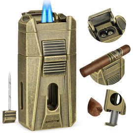 AWOTE Cigar Lighter with Double Jet Flame, Refillable Cigar Torch Lighter with Cigar Holder, V-Cigar Cutter, Cigar Draw Enhancer, Cigar Butane Lighter for Cigar Lovers, Butane not Include