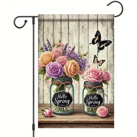 Startlit Patio Hello Spring Garden Flag 12 x 18 Double Sided Floral Flower Mason Jar Garden Flag Floral Seasonal Outdoor Outside Decoration for Yard Patio Lawn Butterflies