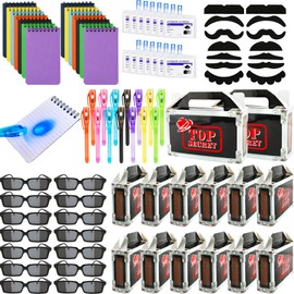 Flahard 84 Pcs Detective Party Favors Invisible Ink Pen with UV Light Notebook Set Spy Magic Pen Agent Name Tag Secret Boxes Fake Mustache Sticker for Spy Escape Room Goodie Bag Stuffers