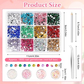 Pack of 1800 Glass Nail Art Rhinestones, Nail Flatback Beads with 4 Nail Glitter, 1 Tweezers and 1 Dotted Pen, Rhinestones, Colourful Stones, Crystal Flatback Gemstones for DIY Crafts Nails Clothing