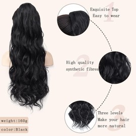 AFNOTE Ponytail Extension,24 Inch Long Curly Wavy Drawstring Ponytail Hair Extensions Synthetic Clip in Pony Tails Hairpiece for Women Girl(Black)