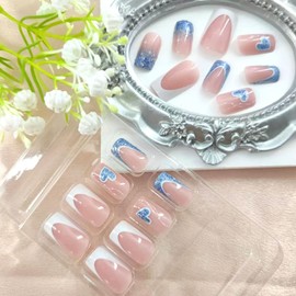 Valentine's Day Press on Nails Medium Square Fake Nails White French Tip Nails Press ons Nude False Nails with Blue Glitter Heart Designs Valentines Stick on Nails for Women 24Pcs