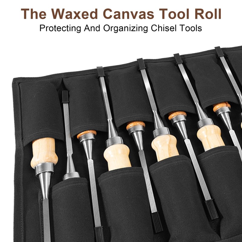 Chisel Roll,12 Pockets Roll Up Tool Pouch,Waxed Canvas Small Tool