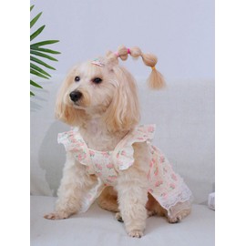 QWINEE Cute Flower Pattern Dog Dress Ruffle Trim Princess Dress Cat Vest Dress Lace Trim Summer Dress Pet Clothes for Small Medium Cats Dogs Kitten Puppy Pink A M