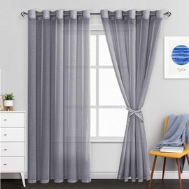 JIUZHEN Dark Grey Sheer Curtains 84 Inches Long - Semi Transparent Light Filtering Grommet Window Drapes for Living Room/Bedroom, 60Wx 84L, Set of 2 with Tiebacks