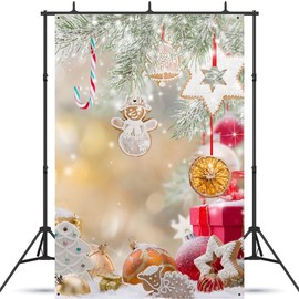 Qinunipoto Christmas Backdrop 1x1.5m Sweet Christmas Backdrop Pine Branch Ginger Cookie Tree Ball Photography Portrait Wall Decor Photo Studio Multifunctional Backdrop Fabric Wedding Birthday Party