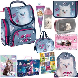 Goldkids School bag cat motif ergonomic satchel pencil case gym bag exercise book for primary school. Suitable from the first grade of primary school., Set of 11, Foldable