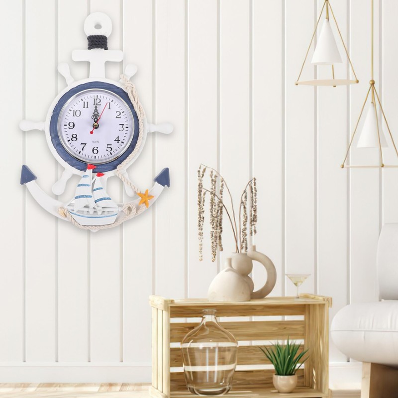 Mediterranean Style Anchor Clock Beach Sea Theme Nautical Ship Wheel