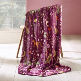 Catherine Lansfield Enchanted Twilight Animals Cosy Fleece 130x170cm Blanket Throw Plum