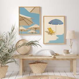 SIGNWIN Framed Set Beach Umbrella and Chair Minimal Coastal Summer Illustrations Modern Art Decorative Farmhouse/Country Cozy Colorful for Bedroom - 11"x14"x 2 Natural