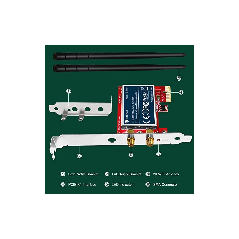 Adaptador de Red inalámbrico PCIe de 2,4 GHz y 300