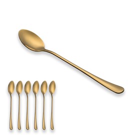 Gold Iced Tea Spoon, Berglander Stainless Steel Titanium Gold Plating Long Handle Mixing Stirring Spoon, Latte Spoon, Cocktail Spoons, coffee stirrers, Bar Spoon Pack of 6