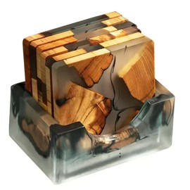 BOFRHME Wood Coasters Set with Epoxy Resin - Modern Coasters with Holder for Drinks, Includes 6 Coasters and Holder