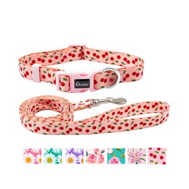 Olahibi Dog Collar and Leash Set, Cute Cherry Pattern, Polyester Material, 5ft Leash, for Medium Dogs.(Medium,Pink Cherry)
