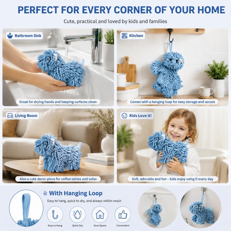 Chenille Dog Hand Towel for Bathroom & Kitchen, Cute Fuzzy