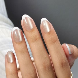 Anglicolor Stick-on Nails, French Press-On Nails, Almond Shaped Nails, 32 Pieces Soft Gel False Nails in 16 Sizes, Reusable False Nails Set with Nail Glue (ACXN-7, 32 Pieces)