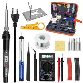 Electric Soldering Iron Set, 80 W Adjustable Temperature Soldering Iron, 17 Pieces with Digital Multimeter, Tips, Soldering Iron Stand, Desoldering Pump, Tweezers, Soldering Wire, Soldering Iron Set