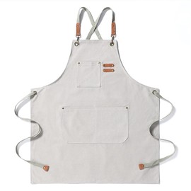 Duogoo Cotton Canvas Cross Back Heavy Duty Adjustable Work Chef Aprons with Large Pockets for Men Women, Cream