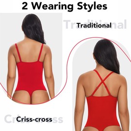 SHAPERIN Women's Deep V Neck Cami Bodysuit Plunge Double Layer Tummy Control Shapewear Thong Body Suits (X-Large,Red)