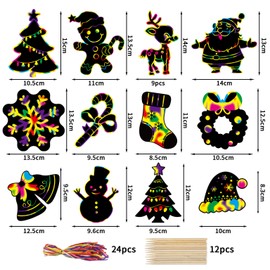 DERAYEE Christmas Scratch Art, Solid Color, Rainbow Pictures, Set of 48, Includes 12 Dedicated Bamboo Pens, Christmas Tree, Decorations, Scratches, Drawing, Colorful, DIY