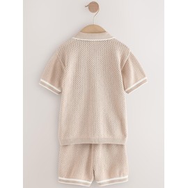 NEXT Textured Knit Polo Shirt and Shorts, taupe