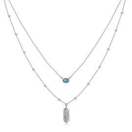 HUKKUN Feather Layered Necklace Sterling Silver Boho Simulated Turquoise Layering Necklaces Christmas Jewellery Gifts for Women