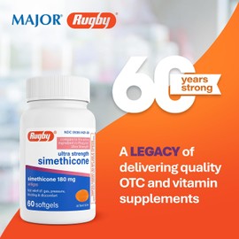 Rugby Ultra Strength Simethicone Gas Relief 180 mg - Maximum Gas Relief for Adults - May Help with Symptoms of Flatulence, Bloating, Gas Fullness - 60 Softgels (6 Pack)