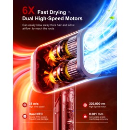 Tqcir Hair Dryer, 220,000 RPM Dual High-Speed Brushless Motors Blow Dryer for 6X Fast Drying, 500 Million Negative Ionic Hair Dryers for Long Thick Hair, Low-Noise 4 Temps /4 Speeds