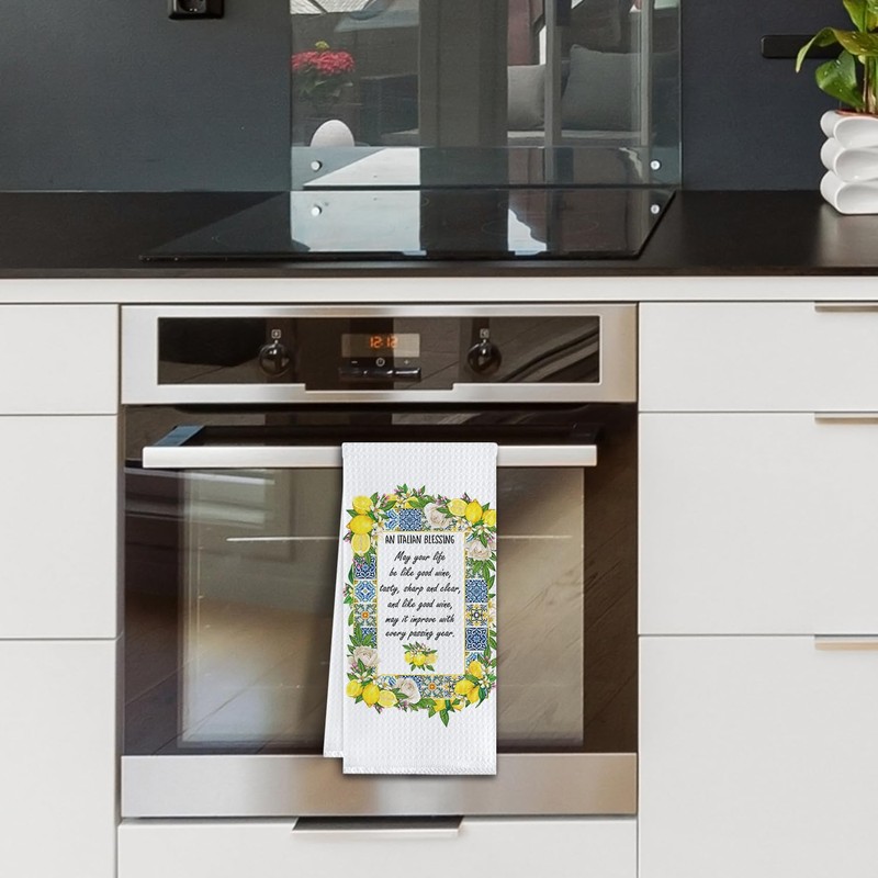Elefeltclave Italian Blessing Lemon Kitchen Towels, Italian Floral Lemon Dish