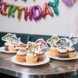 56PCS Edible Fishing Cupcake Toppers Fishing Party Decorations for Baby Shower Birthday Party Supplies Summer Outdoor Fishing Party Supplies