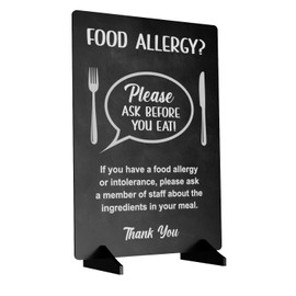 Please Ask Before You Eat, Food Allergy and Intolerance Warning Sign/Notice - A4 size, supplied with 2 black plastic feet - display this customer notice in your food establishment. (Black Effect)