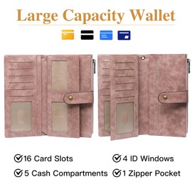 GOIACII Women's Large Long Format Leather Wallet with RFID Protection, Purse for Women with 16 Card Slots and Hand Strap, Brownish Pink