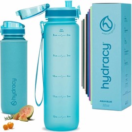 Hydracy - Botella de agua motivacional de 32 onzas con marcador de tiempo, jarra de agua de 1 litro, botella de agua reutilizable para gimnasio con correa, tapa a prueba de fugas, botella de bicicleta