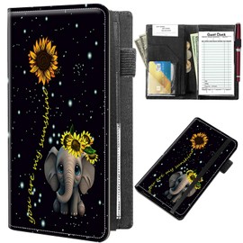 DIGTIALL Server Books for Waitress 9 x 5 Inch,PU Leather Waiter Book Server Wallet with Zipper and Check Book Holder Money Pocket Waitstaff Organizer Fits Server Apro,Elephant Sunflower