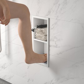 Bernkot Shower Niche, 304 Stainless Steel Shower Stool for Bathroom, Recessed Shower Footrest w/Over Mount Installation, No Tile Needed (Matte White, 12.3''x6'')