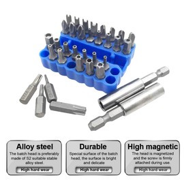 HOHXEN 33 Piece Security Bit Set Tamper Proof Security Screw Hex Bit Head Set with Magnetic Extension Bit Holder, 1/4" Metric Screwdriver Kit, Electric Drill Tool Accessories - Blue Box