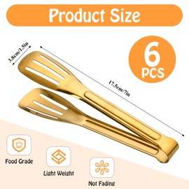 Akamino 6 Pcs Gold Food Serving Tongs, 7" Stainless Steel Kitchen Tongs with Non-Slip Handle, Metal Buffet Tong for Salad Dessert BBQ Appetizer, Home Party Use