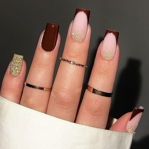 24 Pcs Brown French Tip Press on Nails Short Fake