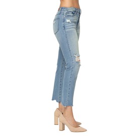 Judy Blue Women's Mid-Rise Destroyed Tinted Wash Cropped Straight-Leg Jeans 88512 (Medium Blue, 15)
