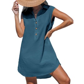 CUPSHE Women's Cotton Beach Dress Sleeveless Collared Bathing Suit Cover Up Summer Shirt Dress Blue, XL