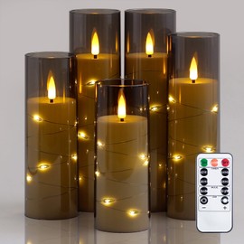 Zevanor Flameless Flickering 2.2" x5" 6" 7" 8" 8" Candles, LED Battery Operated Grey Clear Plastic Timer Pillar Realistic Wick Candles (Long Lasting 600 Hrs, Pack of 5)