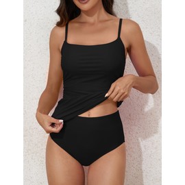 Eomenie Women's Swimsuit Tankini Tummy Control Bathing Suits Two Piece Full Coverage Slim Swim Suits with High Waisted Bottom Black